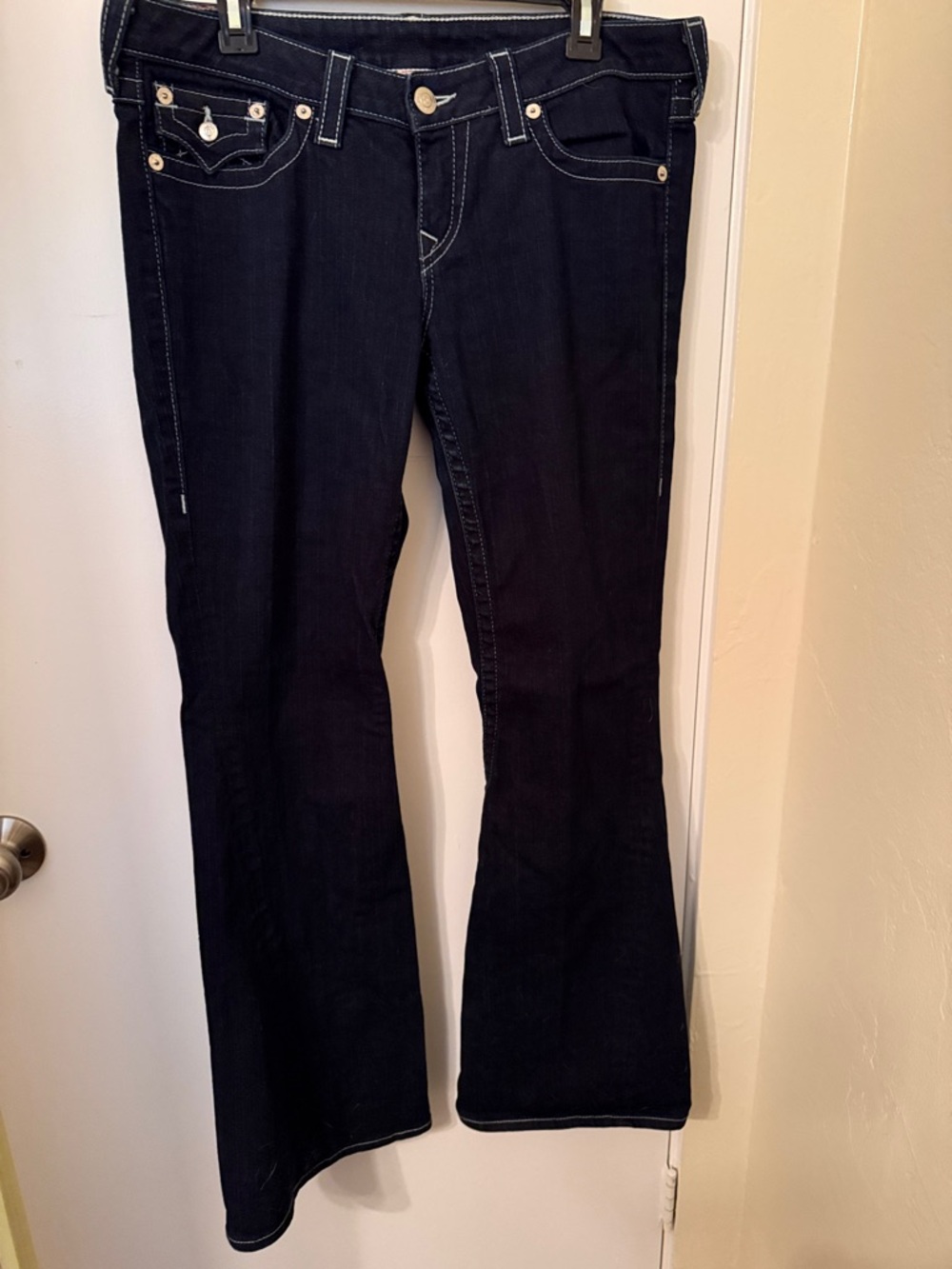 True Religion Dark Indigo Flare Jeans with Contrast Stitching